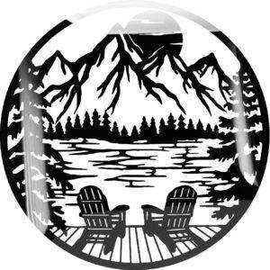 Glossy Metal Art Depicting Adirondack Chairs and Lake