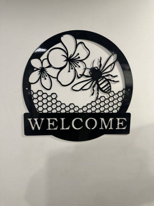 Metal Welcome Sign Featuring Bee and Flowers